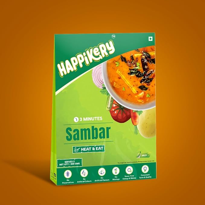 Happikery Instant Sambar with Added Vegetables, Ready to Eat, Goodness of Dals, No Added Preservatives, Ready in 8 Minutes, Veg Mix, Upto 2-3 Servings) - 300gm