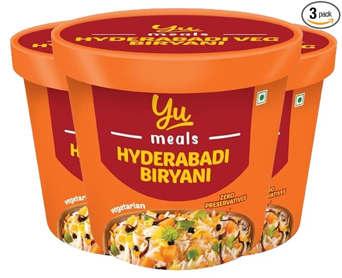 Veg Hydrabadi Biryani - Made with Basmati Rice - Pack of 3 - Zero Preservatives & 100% Natural Ingredients - Ready to Eat Instant Cup Biryani - 210g (70g x3) - Yu