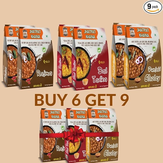 THE THAR FOOD Jhatpat Khana | Ready To Eat Combo | Dal Tadka, Punjabi Choley, Rajma | 300 Gm (Serves 2) | Pack of 9 (3 Free)