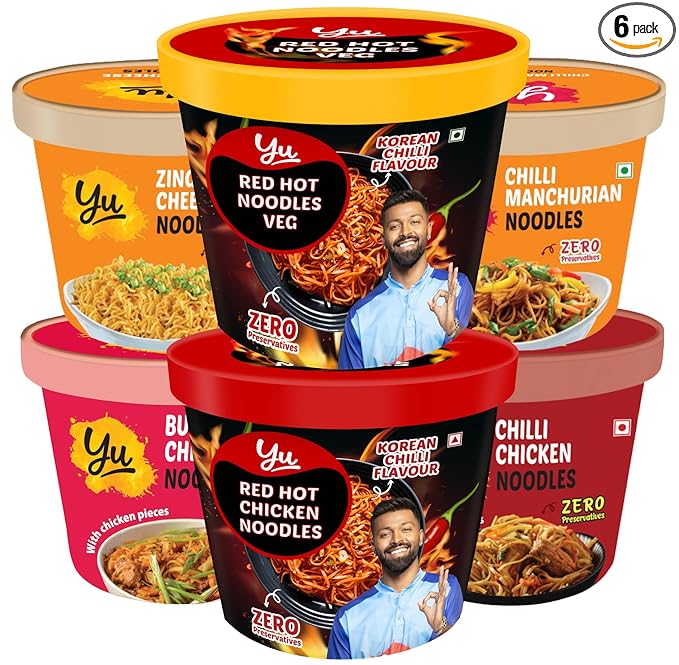 Yu Foodlabs-Cup Noodles Combo Pack Of 6-Chilli Manchurian, Zingy Cheese, Chilli Chicken, Butter Chicken, Red Hot Veg, Red Hot Chicken-No Preservatives-100% Natural-Ready To Eat Instant Noodles-455gram